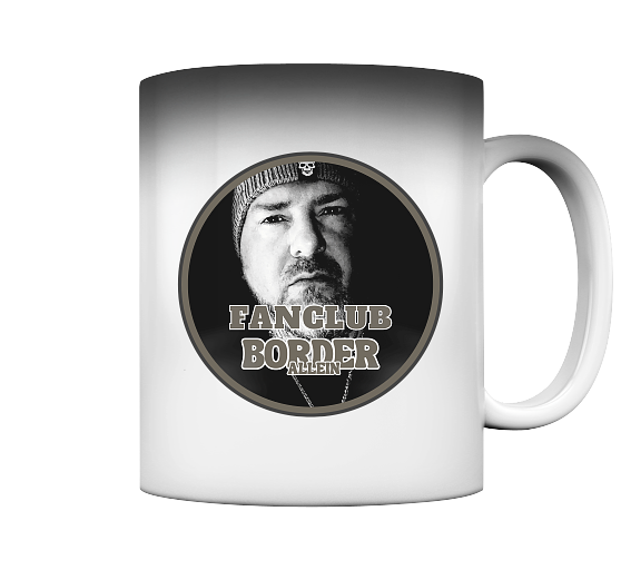 Tasse mit einem Porträt und dem Schriftzug „Fan Club Border“.
