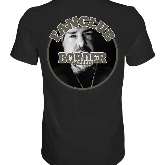 Schwarzes T-Shirt mit „Fanclub Border“ und einem Portrait auf der Rückseite.